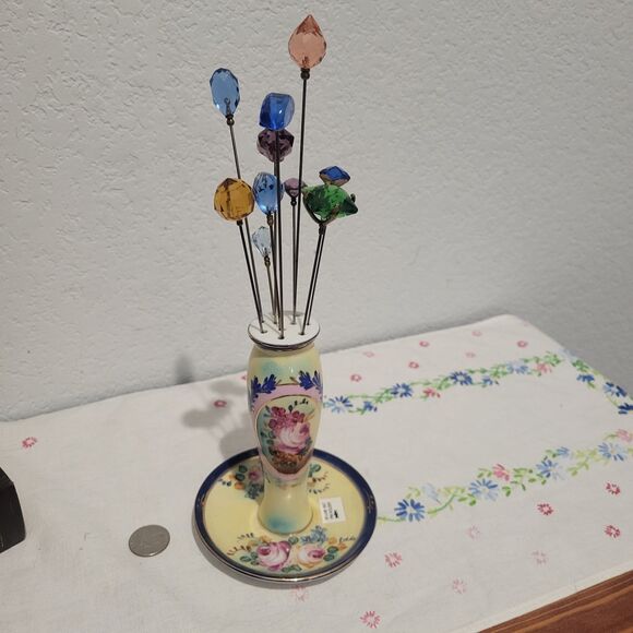 Antique Limoges Porcelain Hat Pin Holder W/ Trinket Dish Gold Trim France Floral - Picture 7 of 12